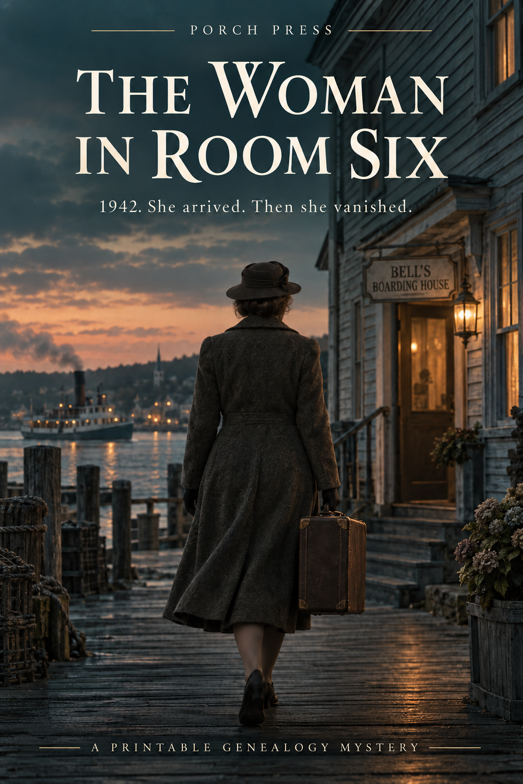 A woman carrying a suitcase approaches Bell's Boarding House beside a harbor; The Woman in Room Six title