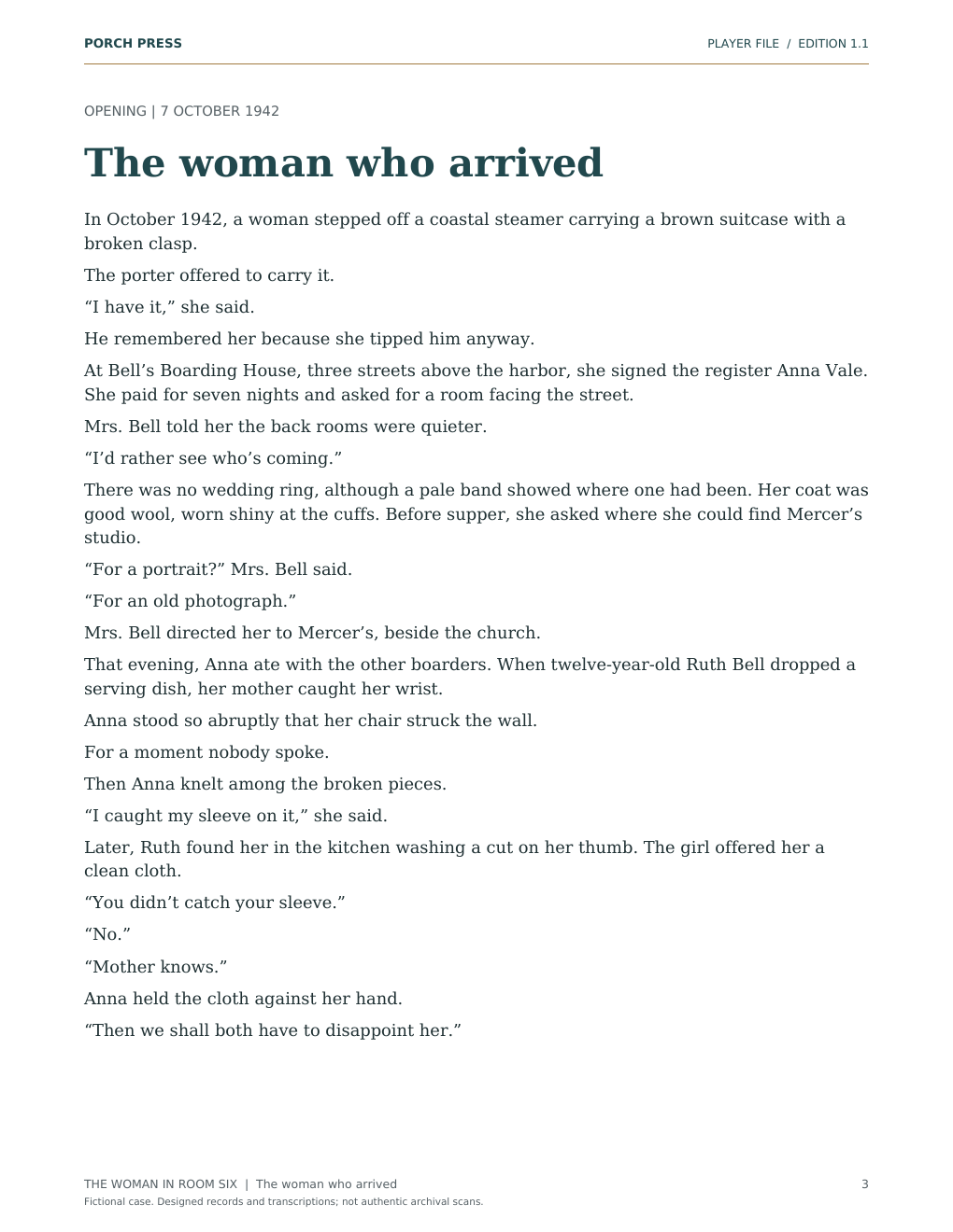 Opening story page from The Woman in Room Six